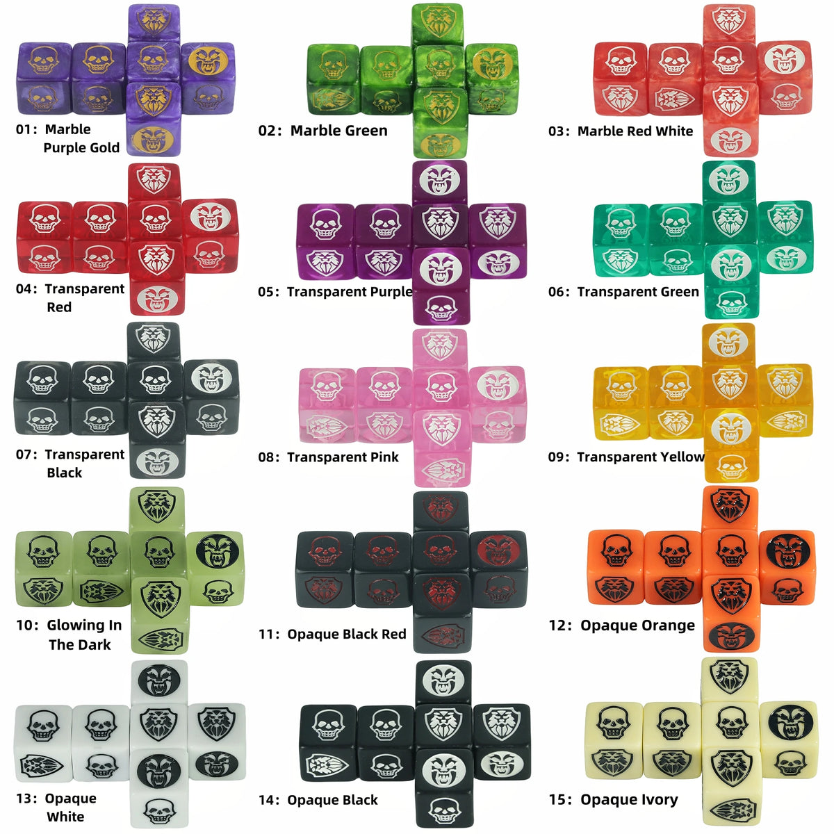 Six-pack of 16mm D6 game dice in transparent, opaque, and marble colors for board games and tabletop RPGs by FanzyMarket.