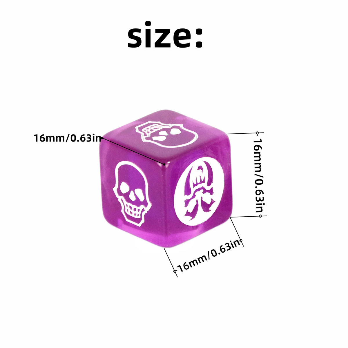Six 16mm D6 game dice in transparent, opaque, and marble colors from FanzyMarket for board games and tabletop RPGs.