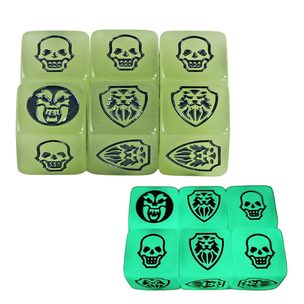 Six-pack of 16mm D6 game dice in transparent, opaque, and marble colors by FanzyMarket for board games and tabletop RPGs.