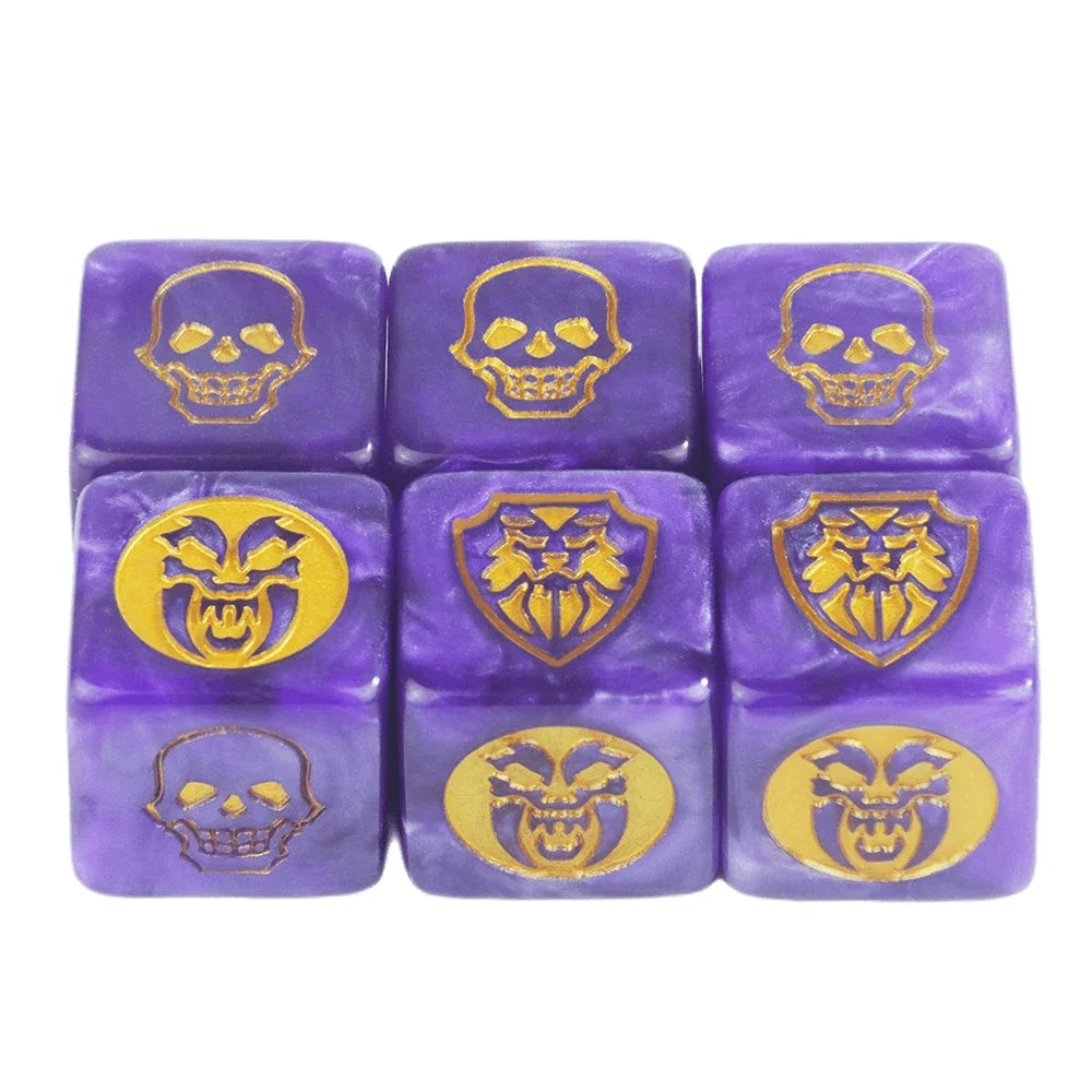 Six-pack of 16mm D6 game dice in transparent, opaque, and marble colors by FanzyMarket for board games and tabletop RPGs.