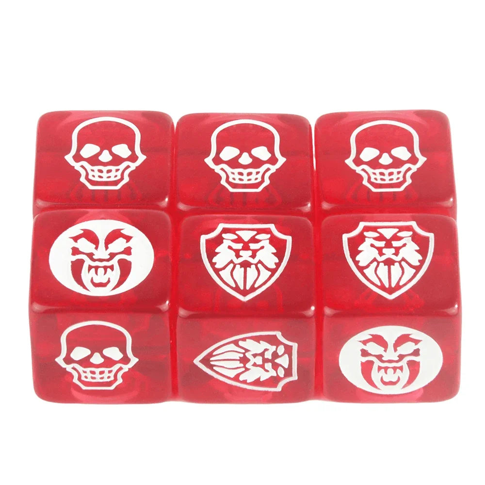 Six-pack of 16mm D6 game dice in transparent, opaque, and marble colors for board games and tabletop RPGs by FanzyMarket.