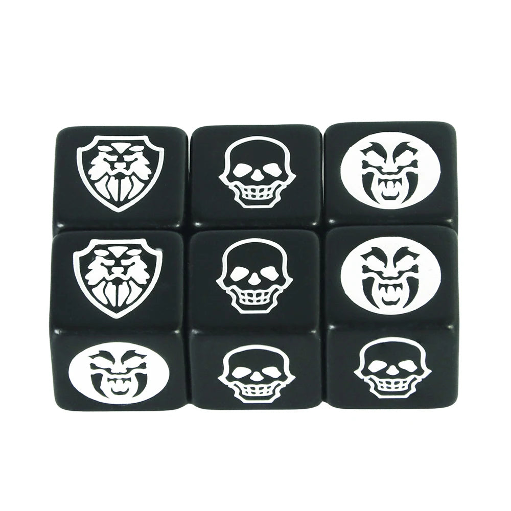 Six-pack of 16mm FanzyMarket D6 game dice in transparent, opaque, and marble colors for board games and tabletop RPGs.