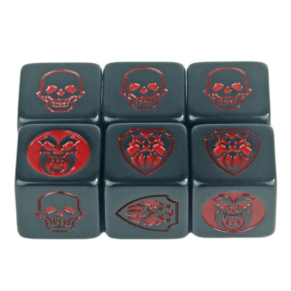 Six-pack of 16mm D6 game dice in transparent, opaque, and marble colors by FanzyMarket for board games and tabletop RPGs.