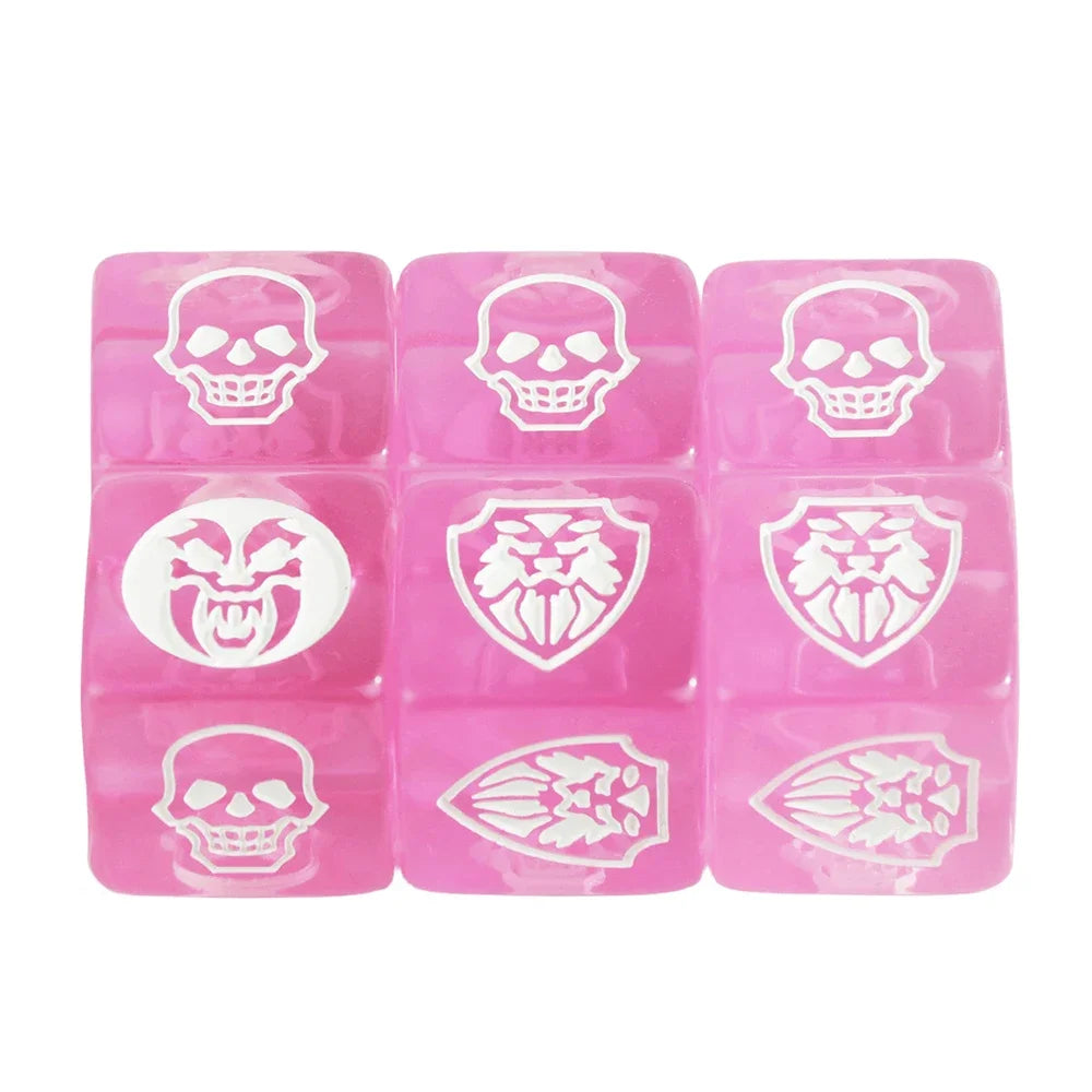 Set of six 16mm FanzyMarket D6 game dice in transparent, opaque, and marble colors for board games and tabletop RPGs.