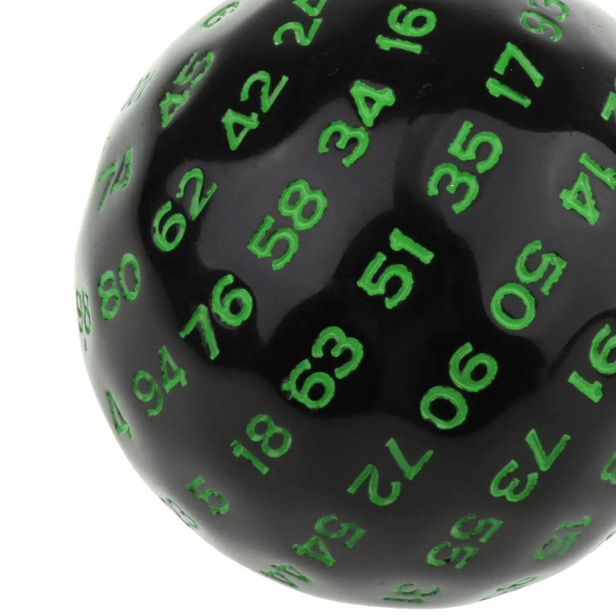A 48mm clear acrylic 100-sided D100 polyhedral dice for tabletop RPG games, featuring detailed numbering and vibrant colors.