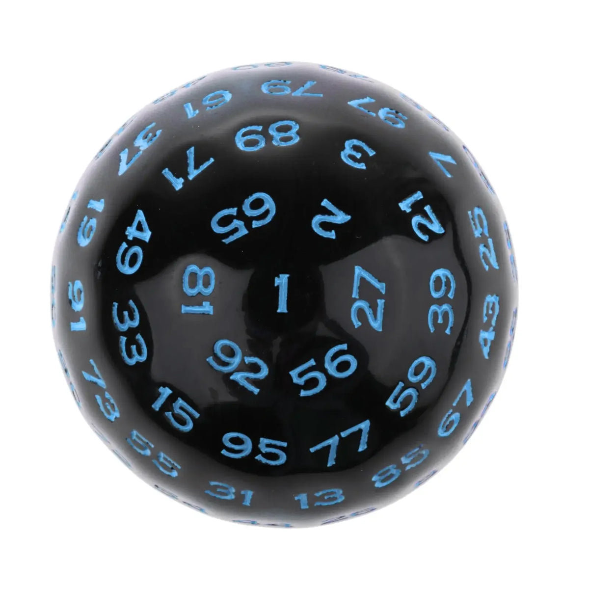Acrylic 100-sided D100 polyhedral dice for tabletop RPG games, 48mm size, featuring vibrant colors and clear number markings.