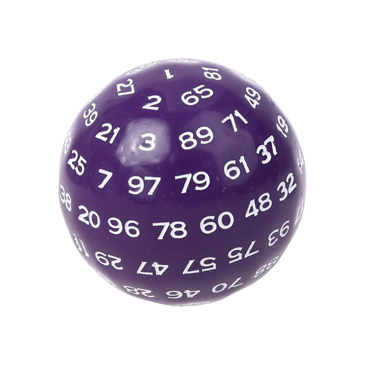 A 48mm clear acrylic 100-sided D100 polyhedral dice for tabletop RPG games, featuring numbered faces for gaming accessories.
