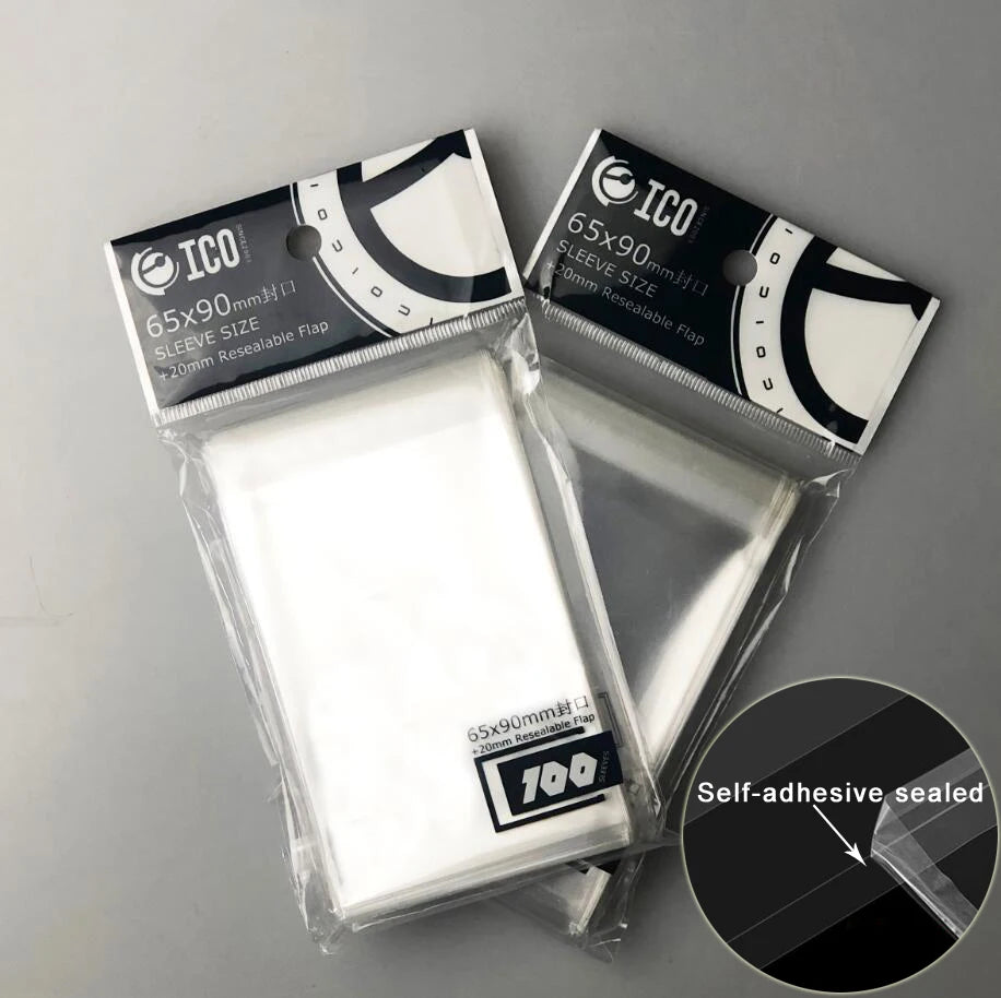 Set of 200 clear card sleeves for trading cards, compatible with Magic, Pokémon, Yu-Gi-Oh, and board games, by FanzyMarket.