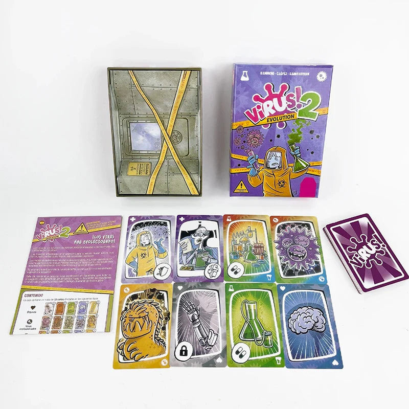 Virus Card Game by FanzyMarket featuring colorful cards for 2-6 players, trilingual English, Spanish, French, family party game.