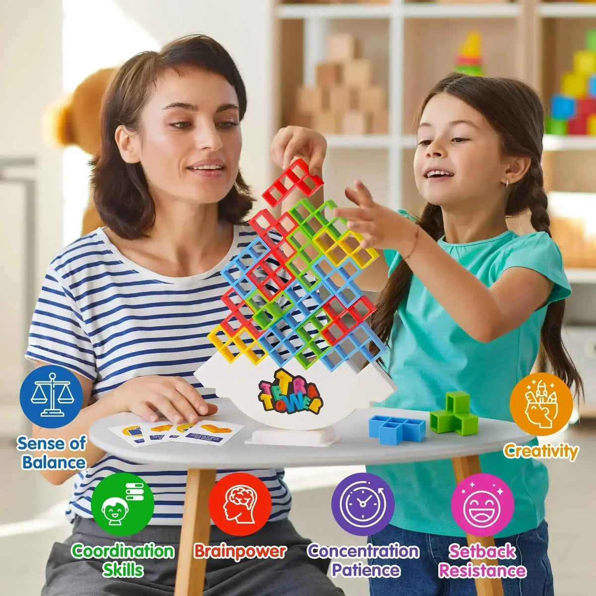 FanzyMarket Tetra Tower Balance Stacking Game with 32 pieces, a family-friendly puzzle for kids and adults, in vibrant colors.