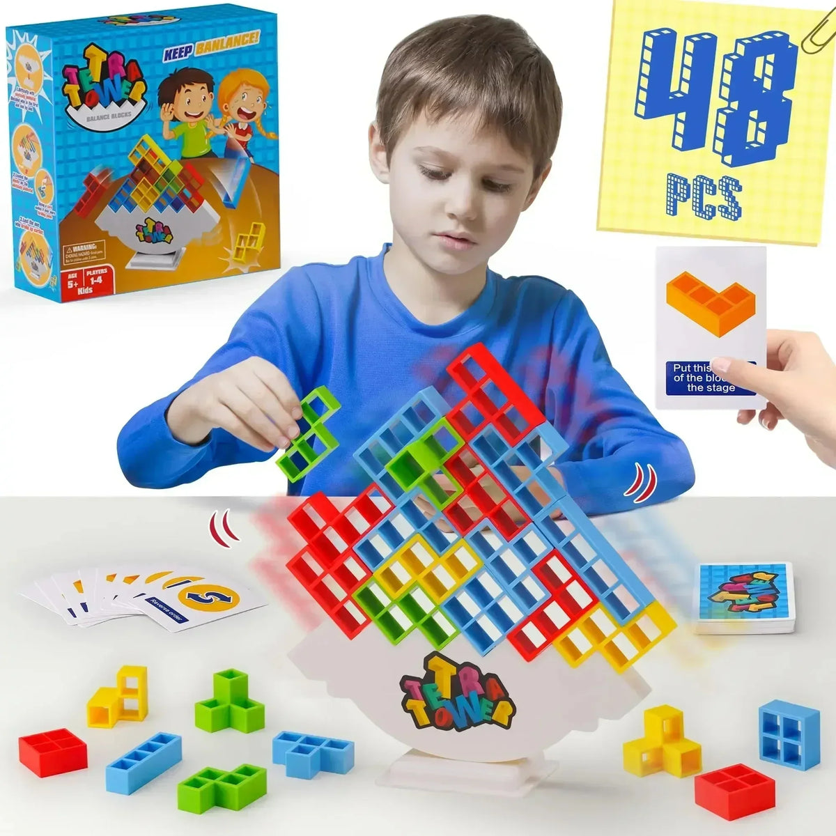 FanzyMarket Tetra Tower Balance stacking game with 32 pieces, a family-friendly puzzle for kids and adults, promoting fun and skill.