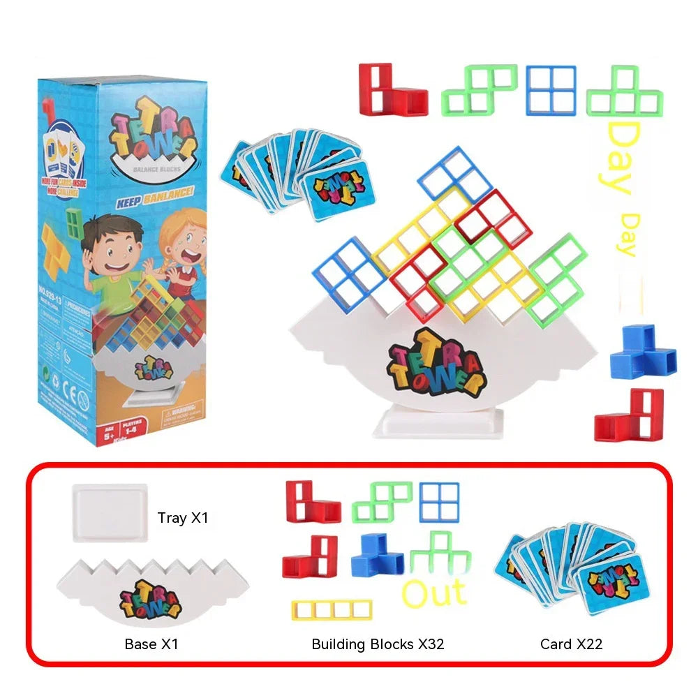 FanzyMarket Tetra Tower Balance Stacking Game for kids and adults, a fun family puzzle and party game with 32 colorful pieces.