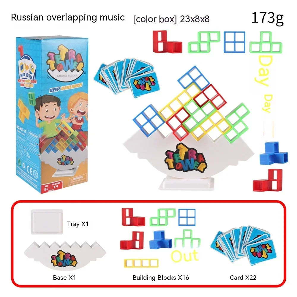 FanzyMarket Tetra Tower Balance Stacking Game, a colorful family puzzle with 32 pieces for kids and adults to build and balance.