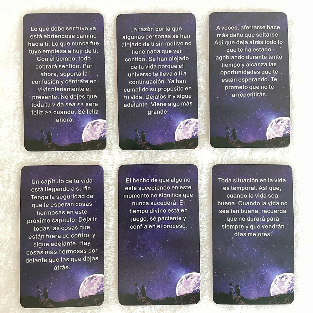 Spanish Tarot and Oracle Deck with 54 cards, compact 12x7cm size, beginner-friendly, featuring Spanish language artwork by FanzyMarket.