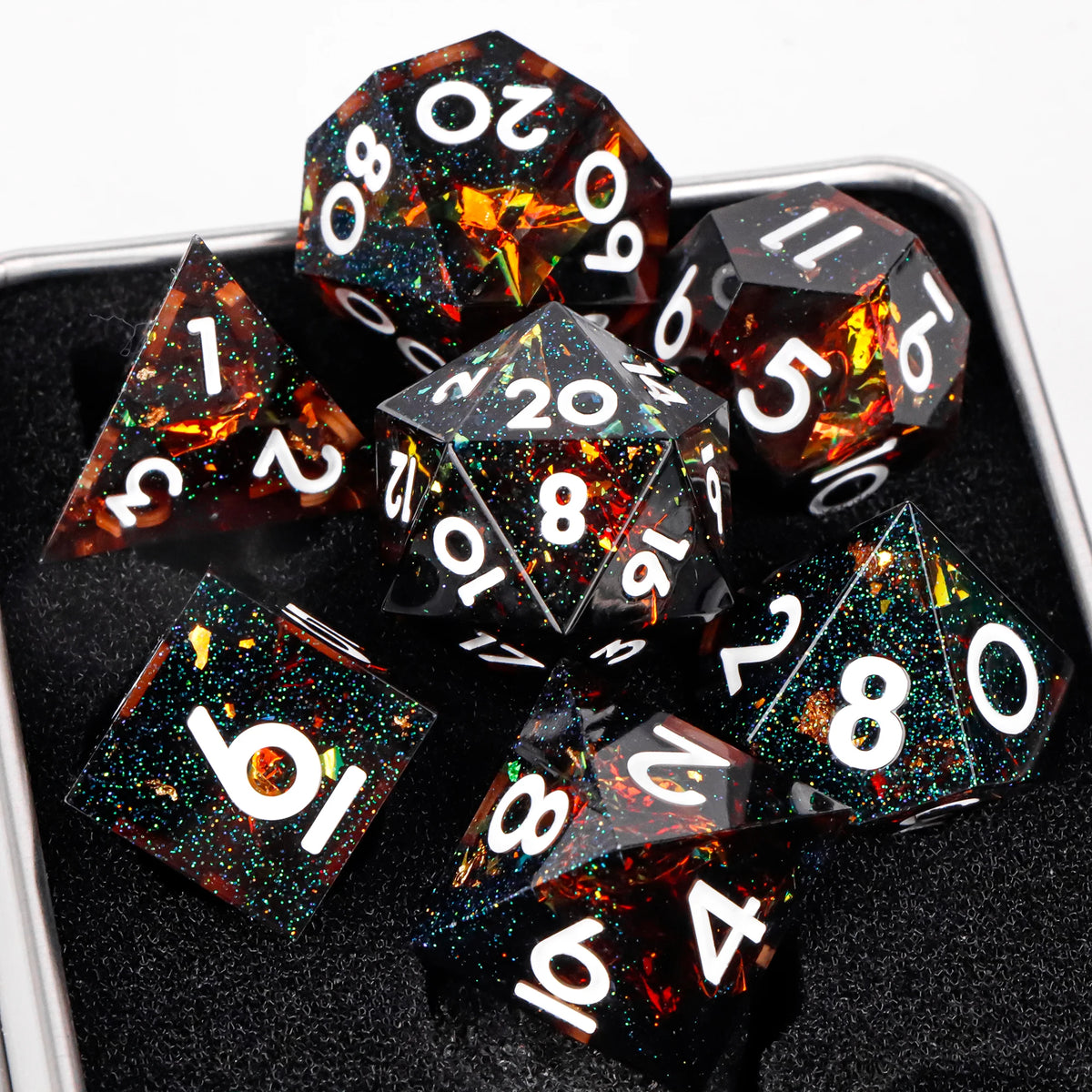 FanzyMarket 7-piece resin polyhedral dice set for D&D and RPGs, includes D20, D12, D10, D8, D6, D4 with sharp edges.