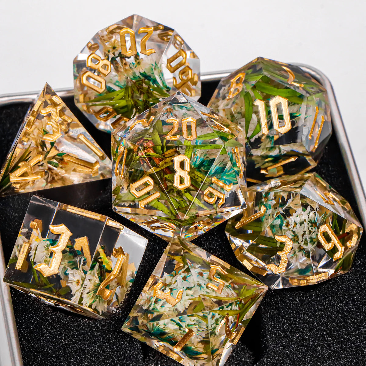 FanzyMarket 7-piece resin polyhedral dice set with sharp edges for D&D and RPG games, including D20, D12, D10, D8, D6, and D4.