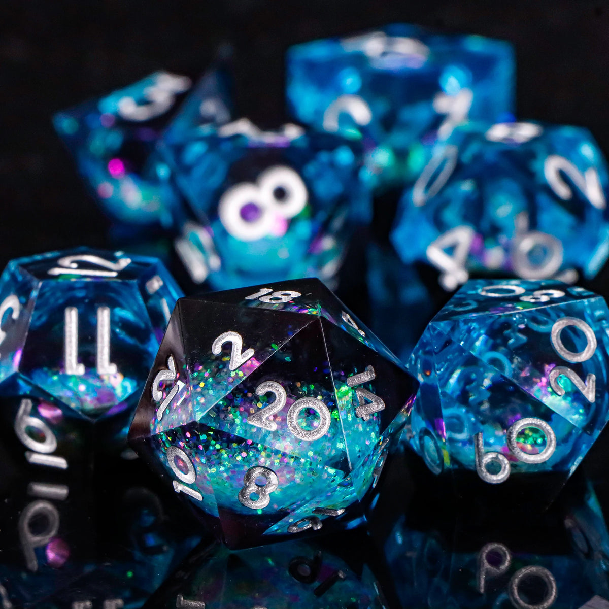 Seven-piece resin polyhedral dice set with sharp edges for D&D and RPGs, including D20, D12, D10, D8, D6, and D4.