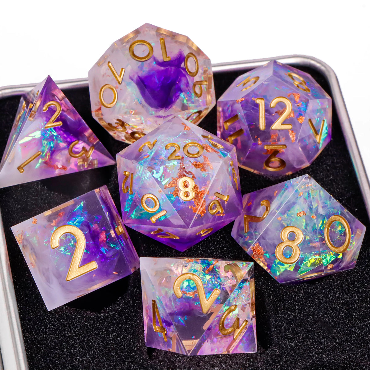 7-piece resin polyhedral dice set for D&D and RPGs, including D20, D12, D10, D8, D6, and D4 with sharp edges.