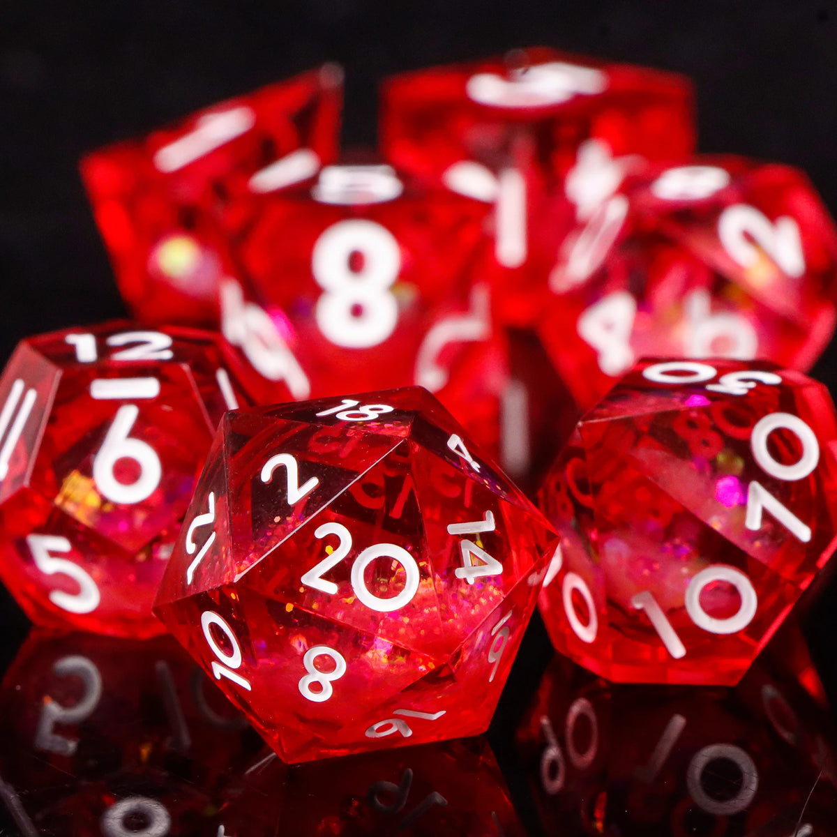 7-piece resin polyhedral dice set for D&D and RPGs, including D20, D12, D10, D8, D6, and D4 with sharp edges.