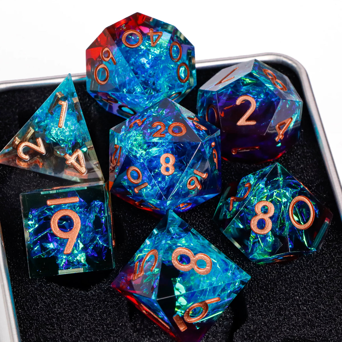 FanzyMarket 7-piece resin polyhedral dice set for D&D and RPGs, includes D20, D12, D10, D8, D6, and D4, with sharp-edged design.