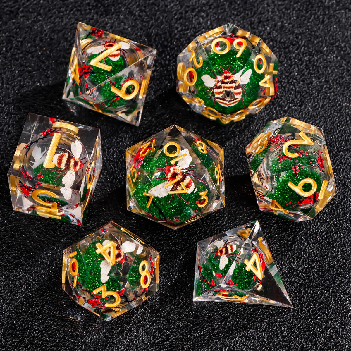 FanzyMarket 7-piece resin polyhedral dice set for D&D and RPGs, includes D20, D12, D10, D8, D6, and D4 in sharp-edge design.