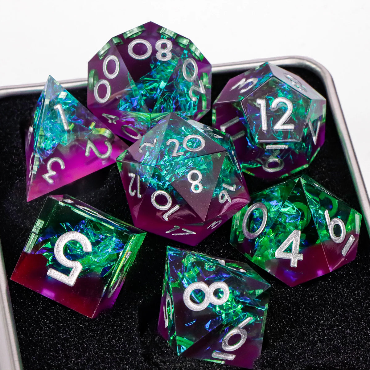FanzyMarket 7-piece resin polyhedral dice set for D&D and RPGs, including D20, D12, D10, D8, D6, and D4 with sharp edges.