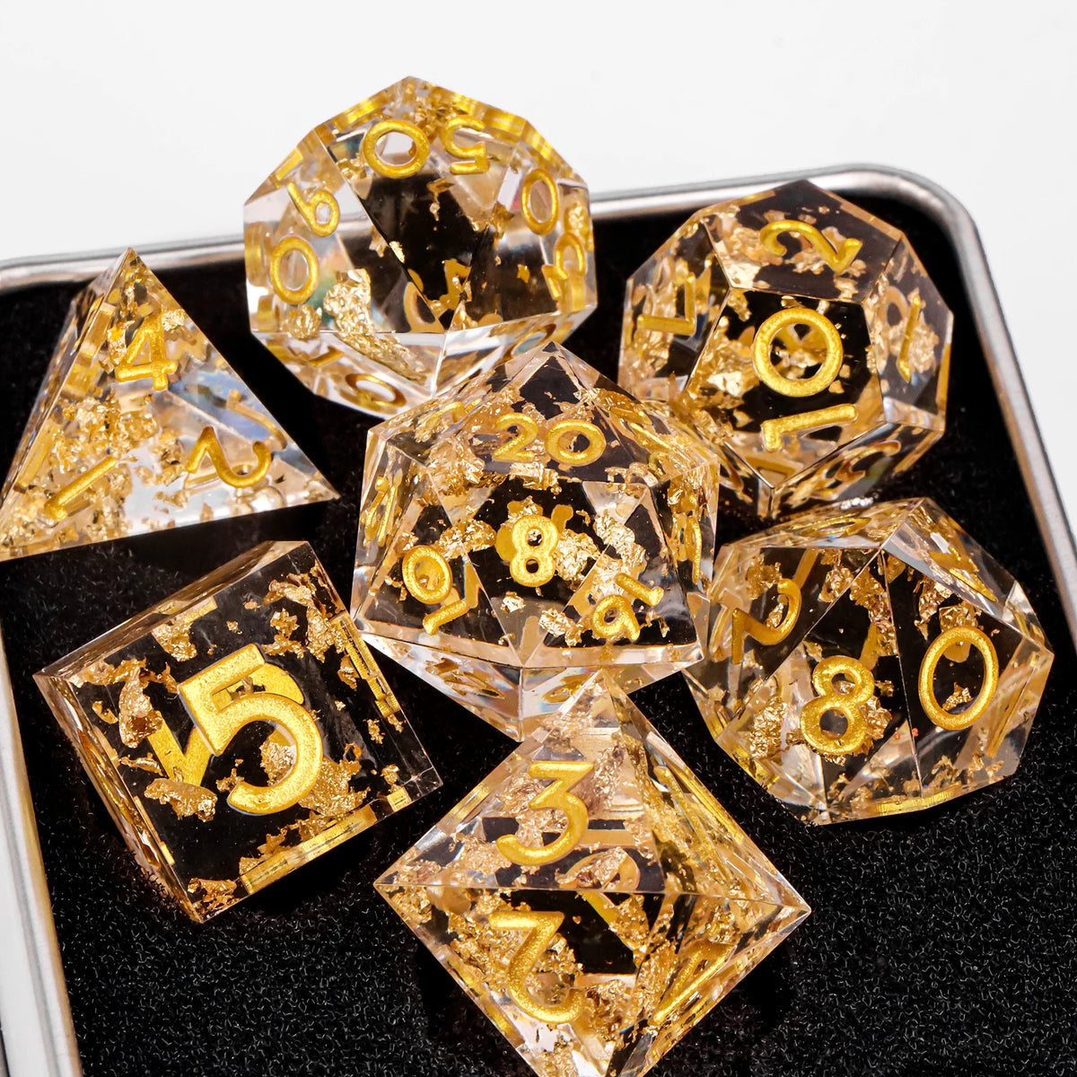 FanzyMarket 7-piece resin polyhedral dice set for D&D and RPGs, includes D20, D12, D10, D8, D6, D4 with sharp edges