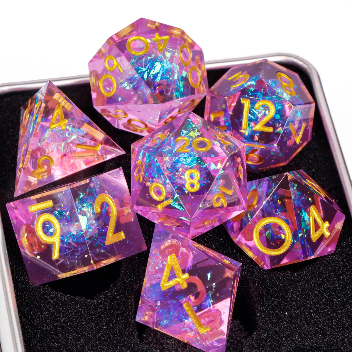 7-piece resin polyhedral dice set including D20, D12, D10, D8, D6, D4 for D&D and RPG gaming, by FanzyMarket.