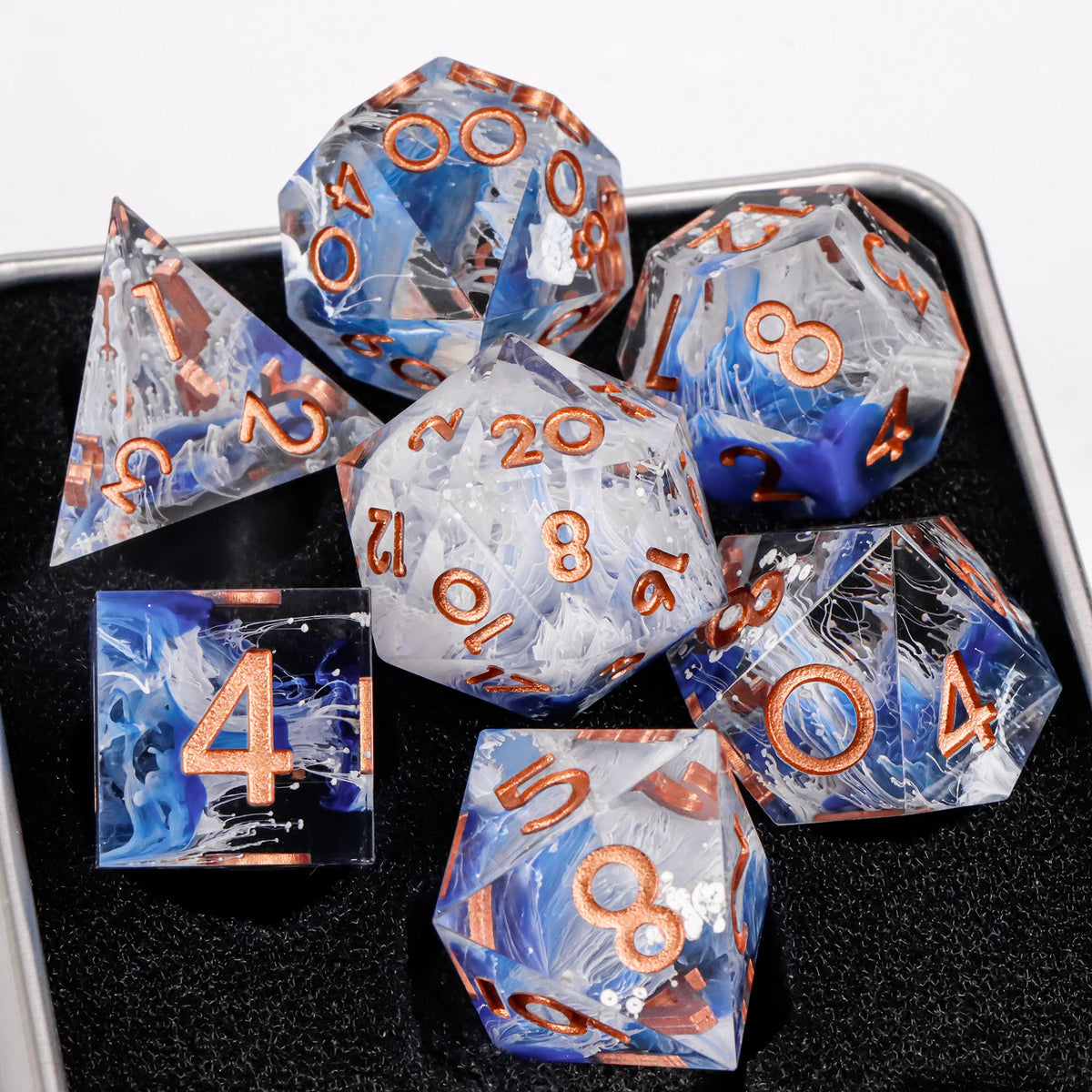 FanzyMarket 7-piece resin polyhedral dice set for D&D and RPGs, featuring D20, D12, D10, D8, D6, and D4 with sharp edges.