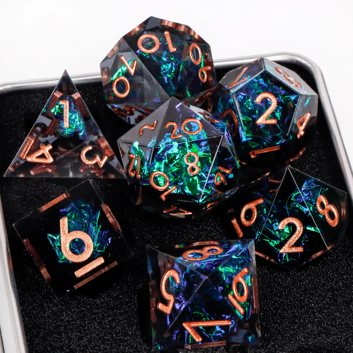 FanzyMarket 7-piece resin polyhedral dice set with sharp edges, including D20, D12, D10, D8, D6, and D4 for D&D and RPG games.