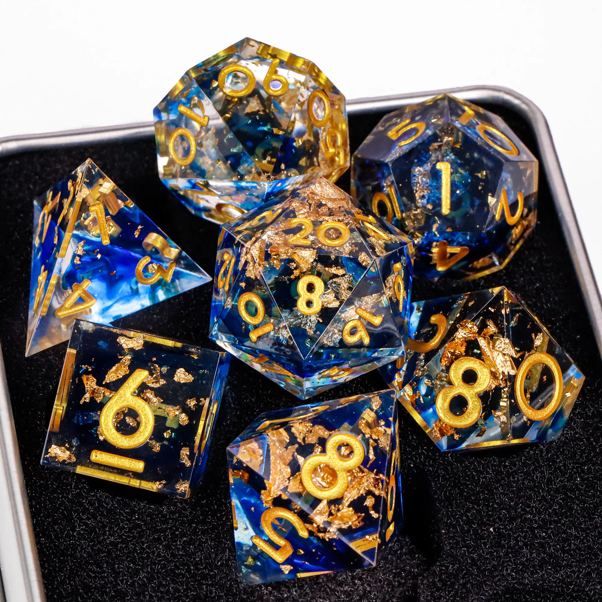 FanzyMarket 7-piece resin polyhedral dice set for D&D and RPGs, including D20, D12, D10, D8, D6, and D4 with sharp edges.