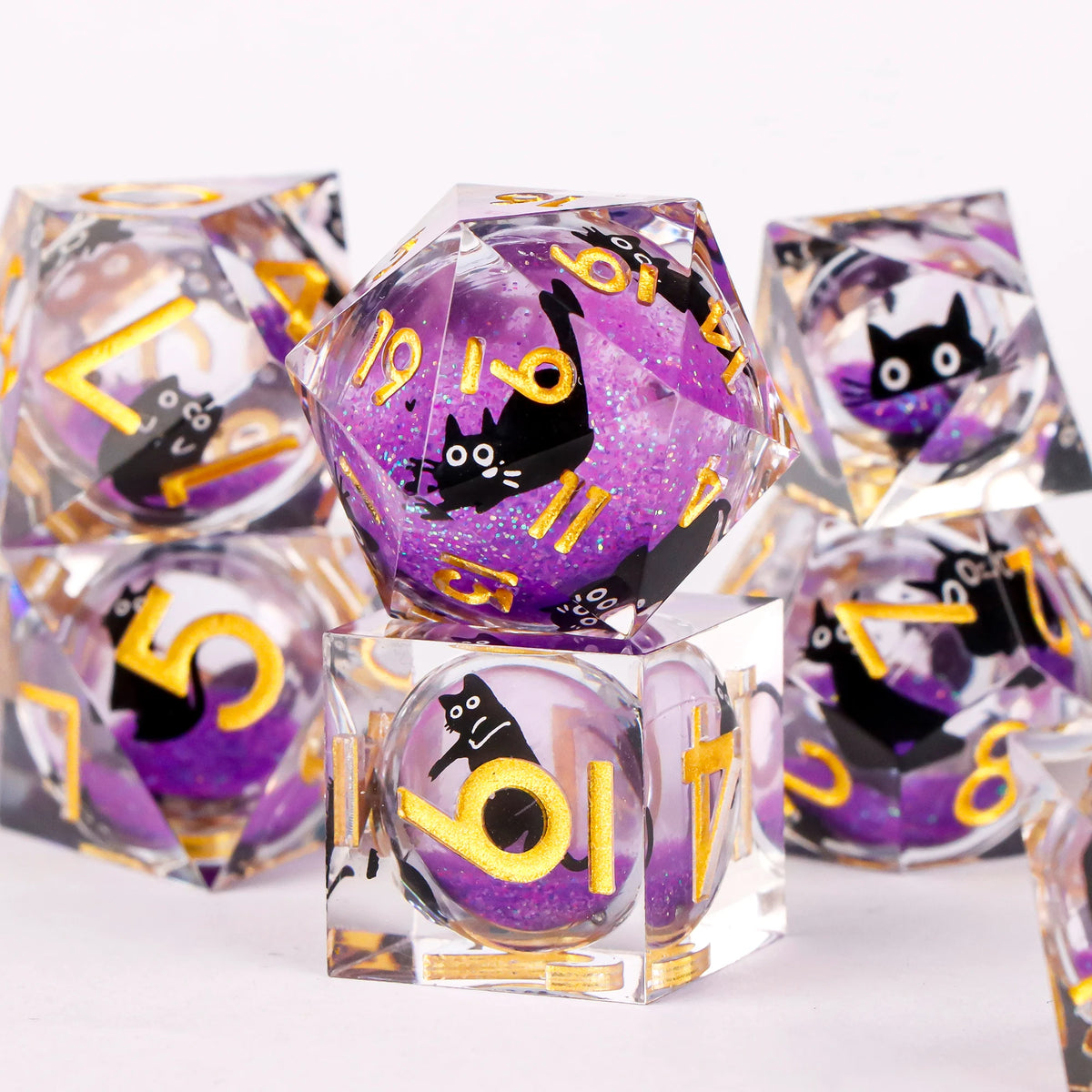 FanzyMarket 7-piece resin polyhedral dice set for D&D and RPGs, includes D20, D12, D10, D8, D6, and D4 with sharp-edge design.