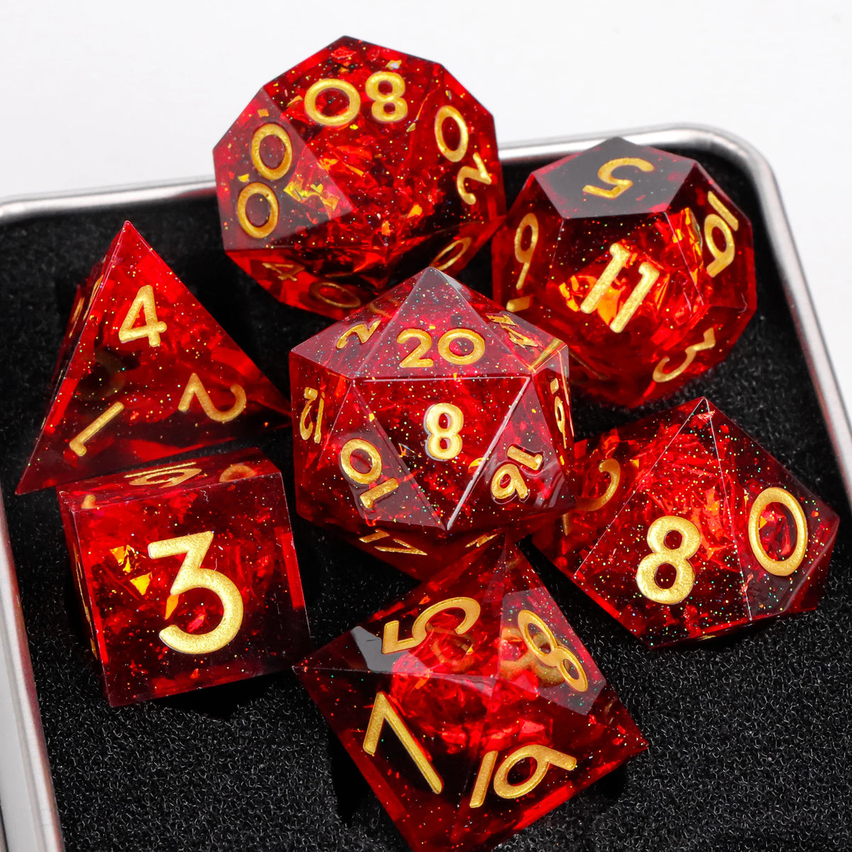 FanzyMarket 7-piece resin polyhedral dice set with sharp edges for D&D and RPGs, includes D20, D12, D10, D8, D6, and D4.