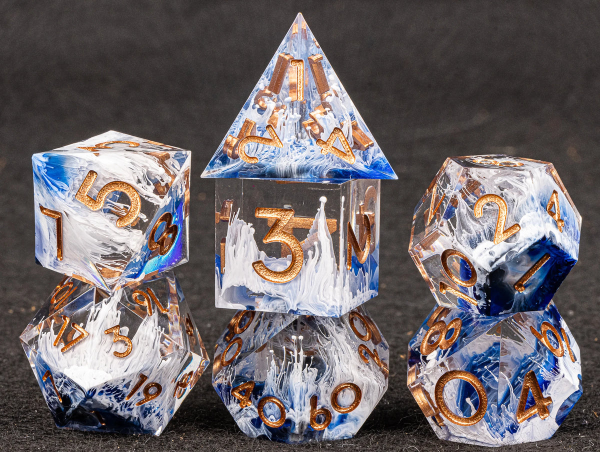 Handmade resin 7-piece D20 polyhedral dice set for Dungeons & Dragons and tabletop RPGs, featuring colorful, detailed dice.