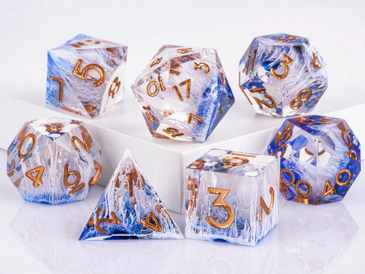 Handmade resin 7-piece D20 polyhedral dice set for Dungeons & Dragons and tabletop RPGs by FanzyMarket.