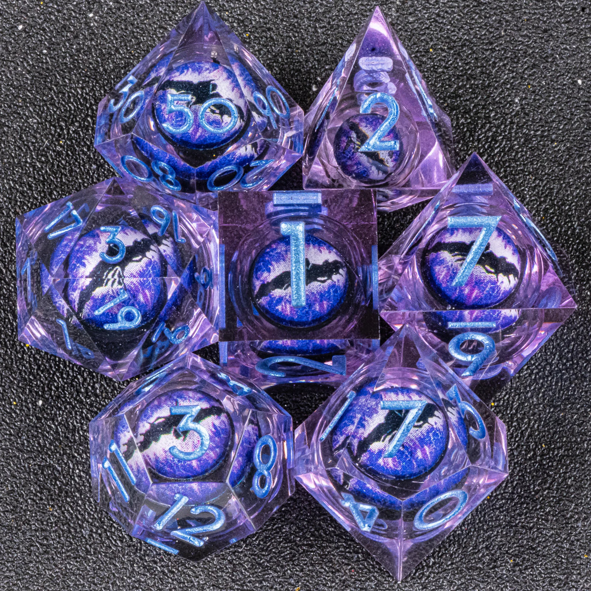 Handmade resin 7-piece D20 dice set for Dungeons & Dragons and tabletop RPGs, featuring colorful polyhedral dice for gaming adventures.