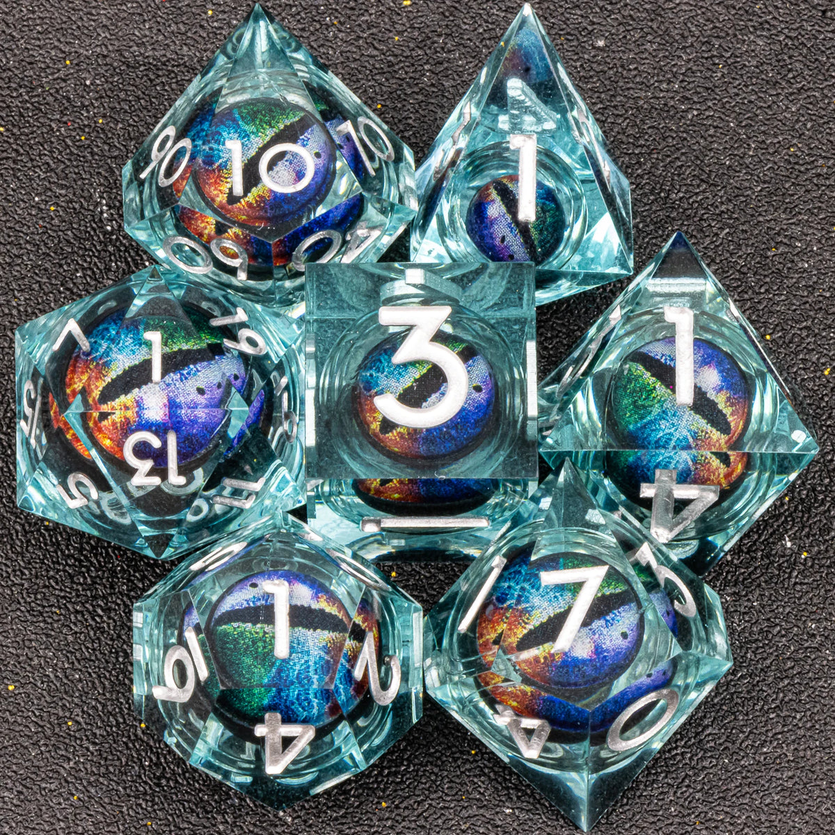 Handmade resin 7-piece D20 polyhedral dice set for Dungeons & Dragons and tabletop RPGs by FanzyMarket.