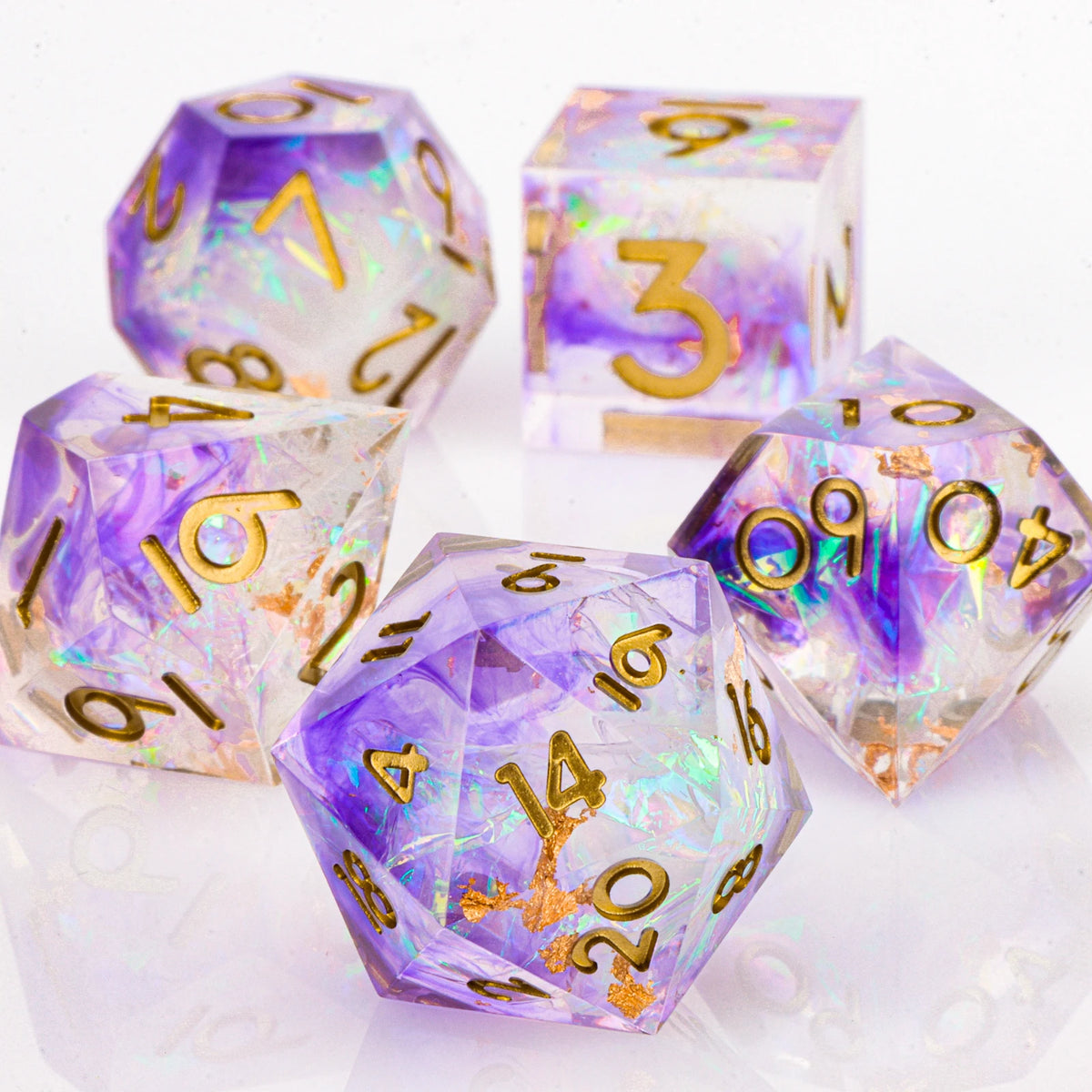 Handmade resin 7-piece D20 polyhedral dice set by FanzyMarket for Dungeons & Dragons and tabletop RPG gaming.