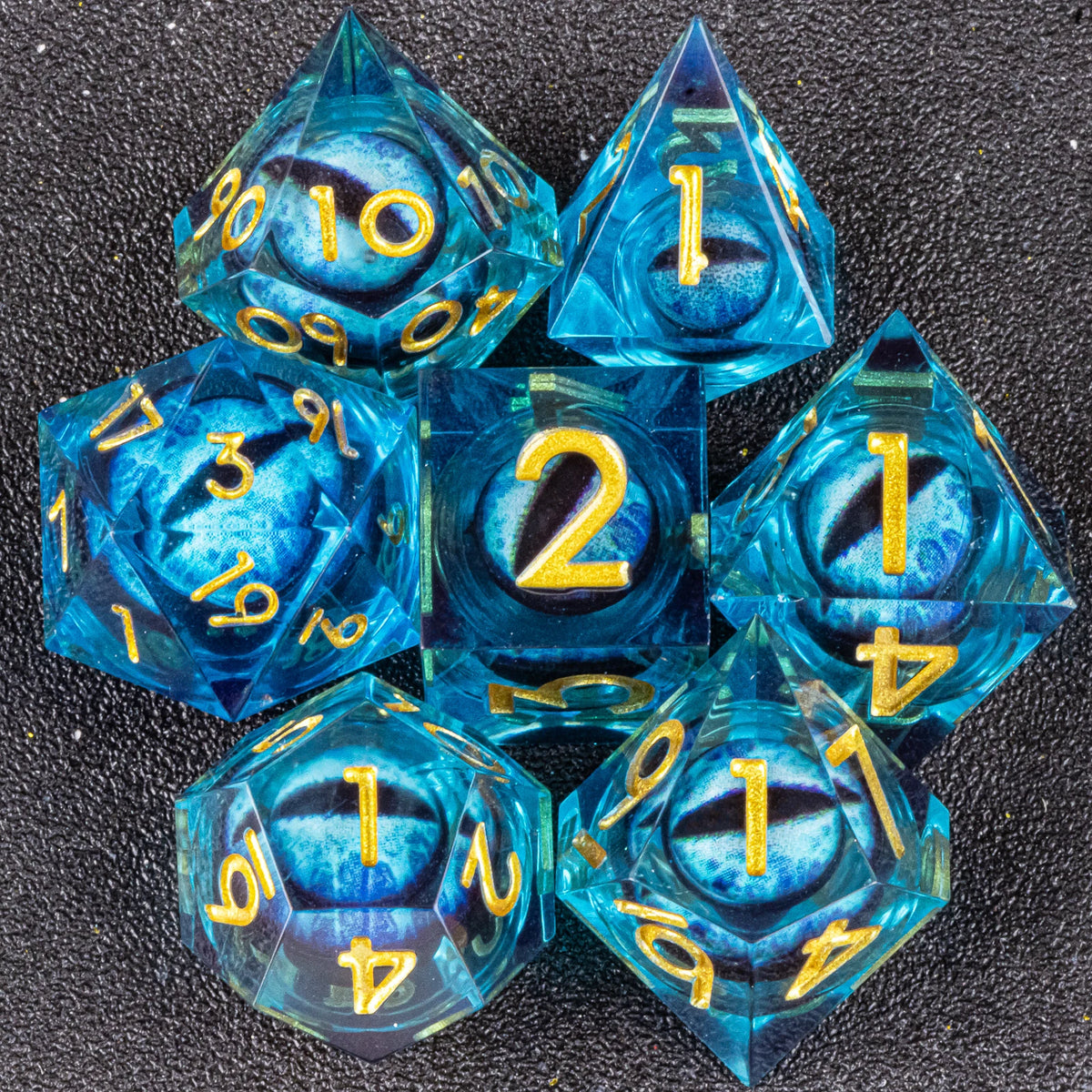Handmade resin 7-piece D20 polyhedral dice set for Dungeons & Dragons and tabletop RPGs by FanzyMarket.