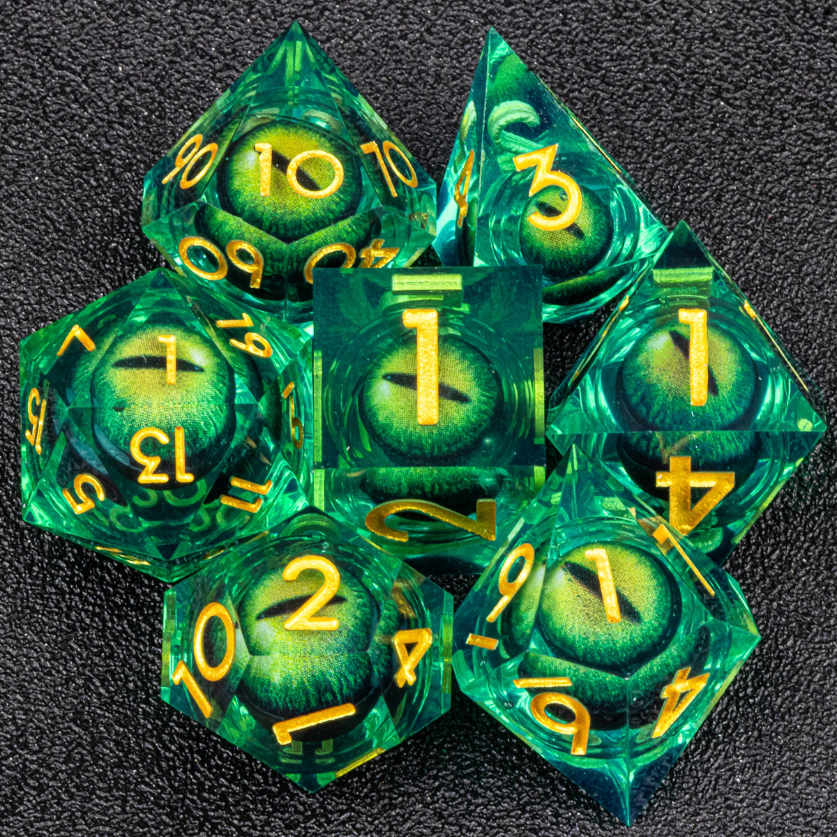Handmade resin 7-piece D20 dice set for Dungeons & Dragons and tabletop RPGs, featuring colorful polyhedral dice for gaming.