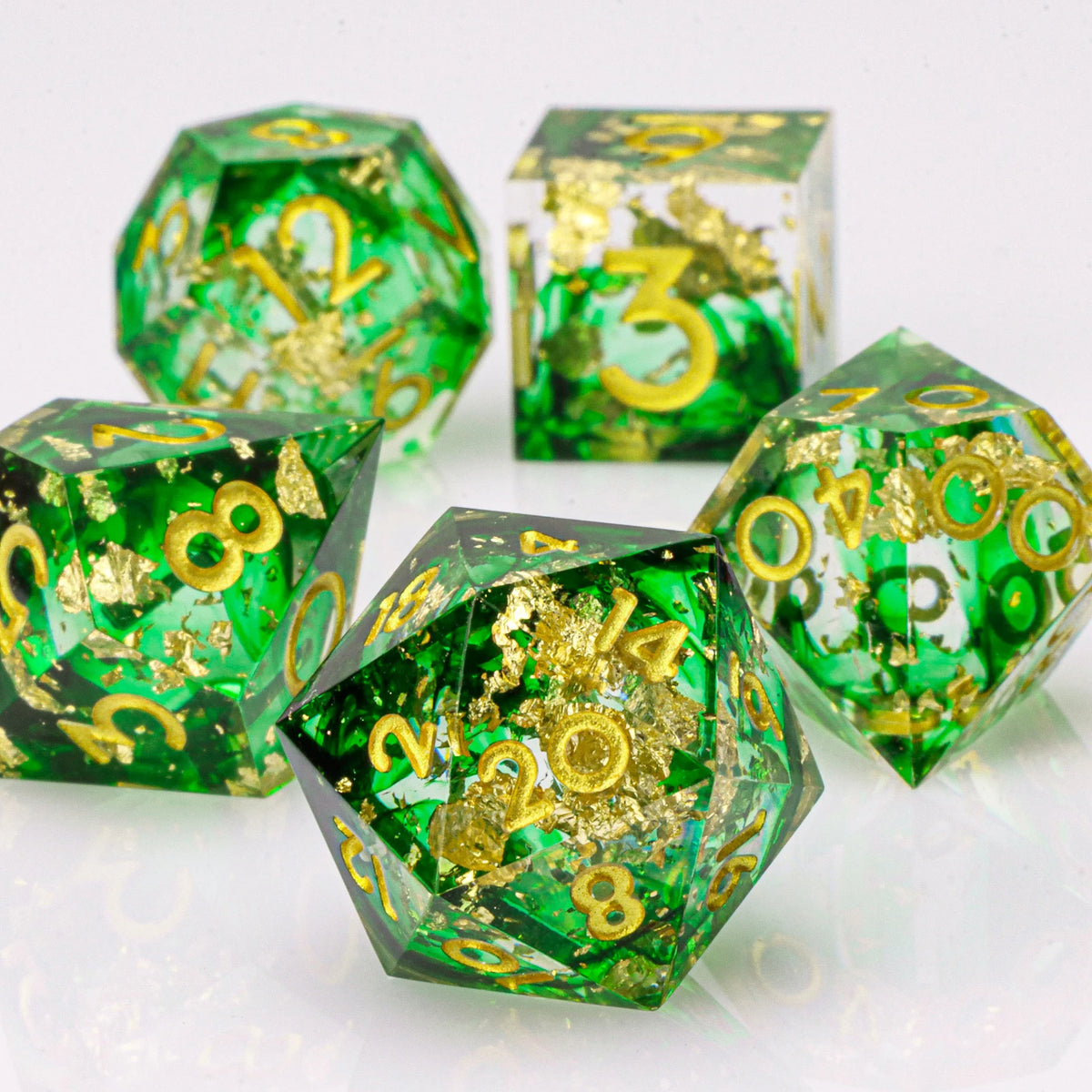 Handmade resin 7-piece D20 polyhedral dice set for Dungeons & Dragons and tabletop RPGs, featuring colorful, detailed dice.