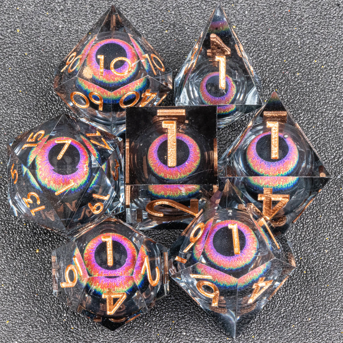 Handmade resin 7-piece D20 polyhedral dice set for Dungeons & Dragons and tabletop RPGs, featuring colorful, detailed dice.