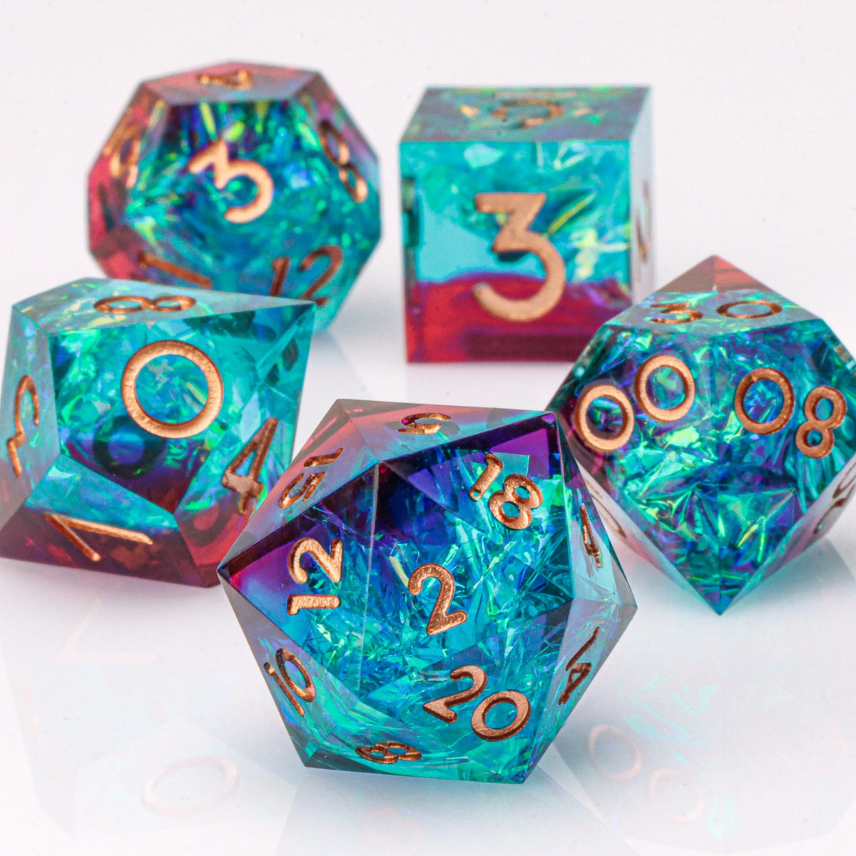 Handmade resin 7-piece D20 dice set for Dungeons & Dragons and tabletop RPGs, featuring colorful polyhedral dice in vibrant designs.