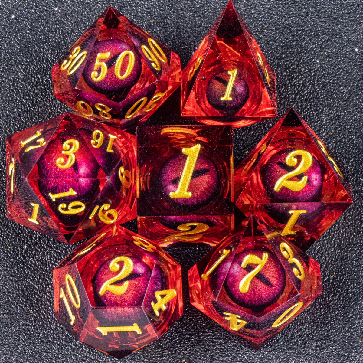 Handmade resin 7-piece D20 polyhedral dice set by FanzyMarket for Dungeons & Dragons and tabletop RPG gaming.