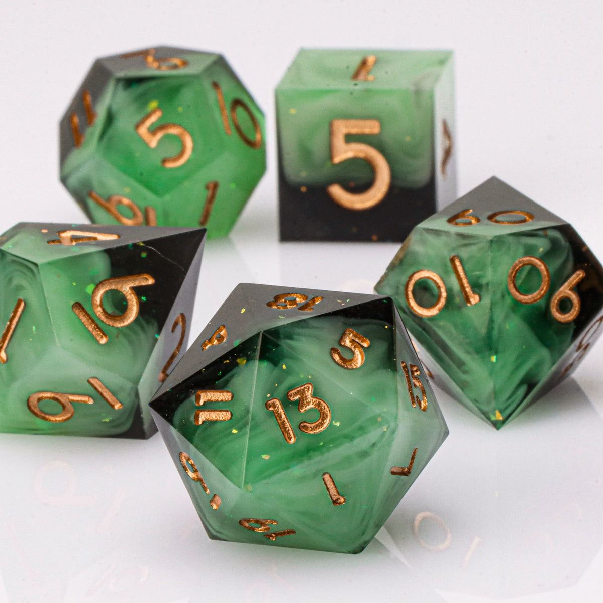 Handmade resin 7-piece D20 polyhedral dice set for Dungeons & Dragons and tabletop RPGs by FanzyMarket.