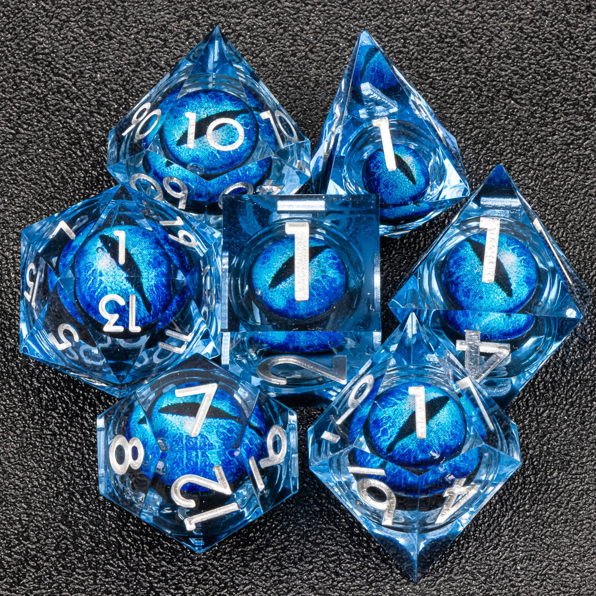 Handmade resin 7-piece D20 polyhedral dice set for Dungeons & Dragons and tabletop RPGs, featuring vibrant colors and detailed numbering.