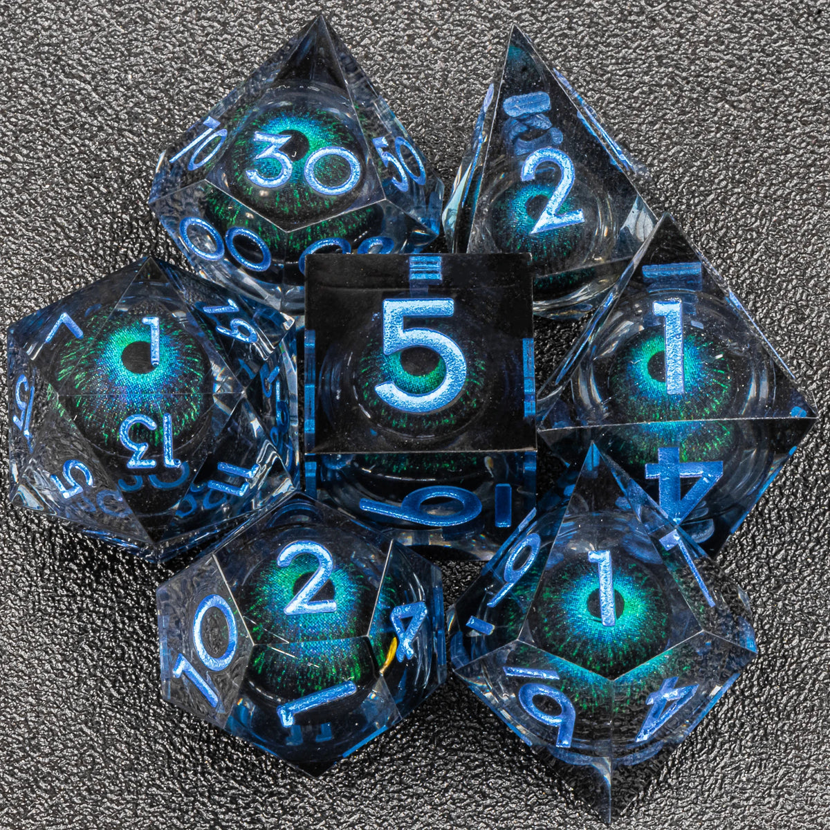Handmade resin 7-piece D20 dice set for Dungeons & Dragons and tabletop RPGs, featuring colorful polyhedral dice by FanzyMarket.
