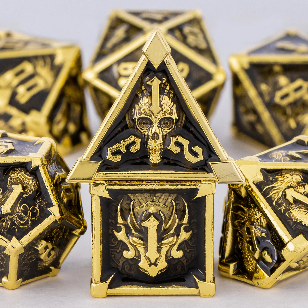 FanzyMarket Skull and Dragon metal dice set with seven polyhedral D&D dice for tabletop RPG gaming, featuring detailed skull and dragon designs.
