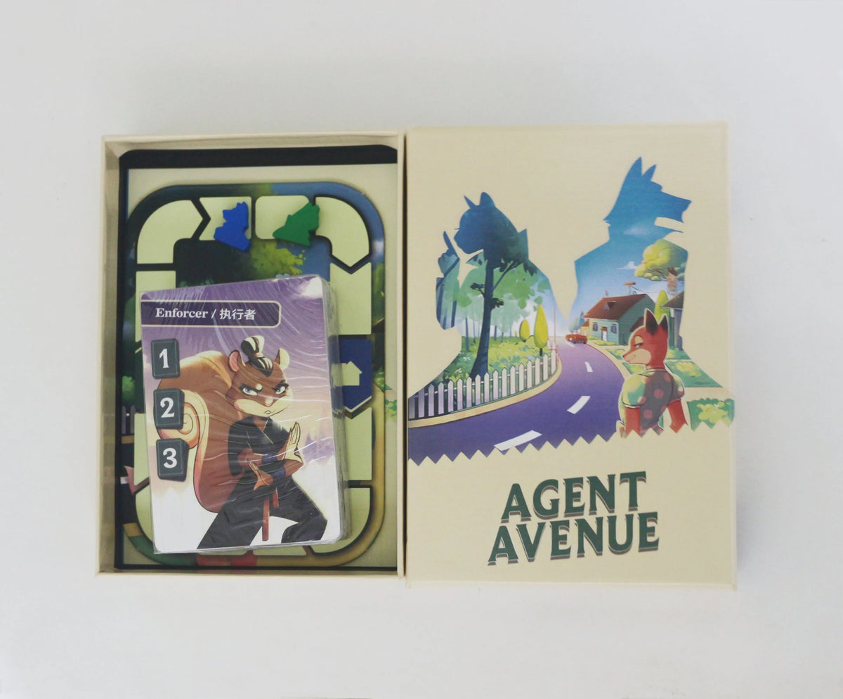 Agent Avenue board game by FanzyMarket, bilingual strategy game for developing strategic thinking and competitive play, shown on the box.