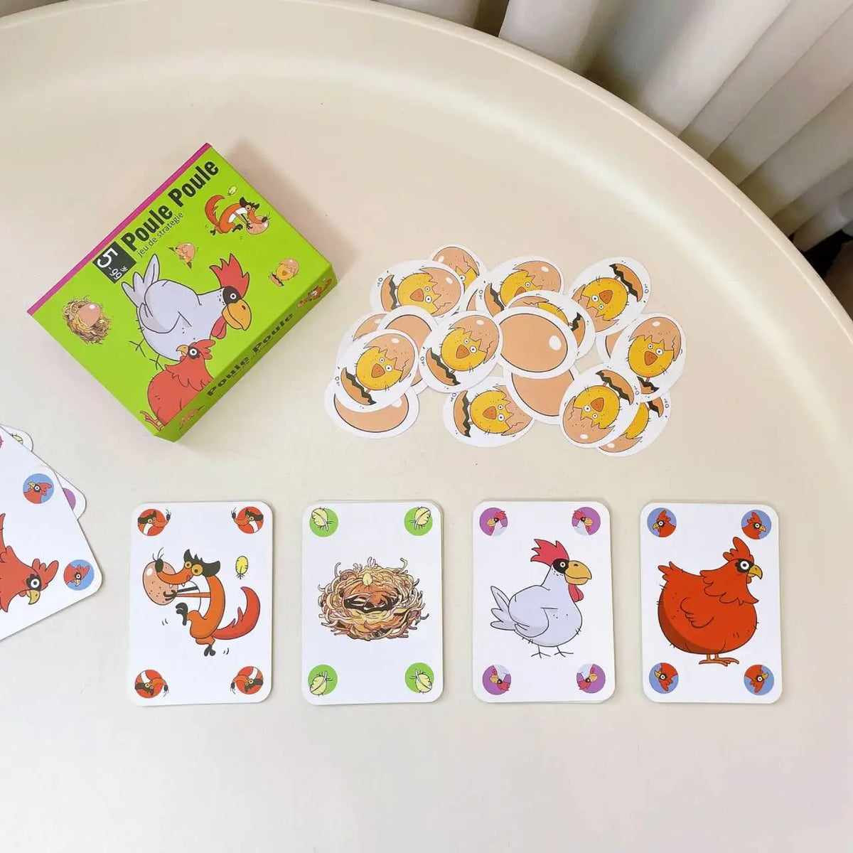 Three-party card games including Chicken Chiu Chiu, Drecksau, and Piou Piou by FanzyMarket, featuring colorful game cards for family fun.